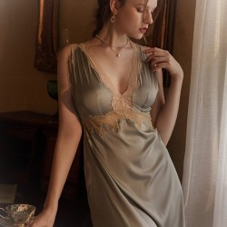  Lace Backless V-Neck Satin Sleepwear