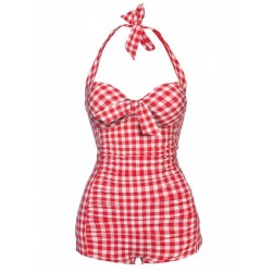 Red  Plaid Halter One-piece Swimsuit