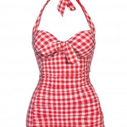 Red  Plaid Halter One-piece Swimsuit